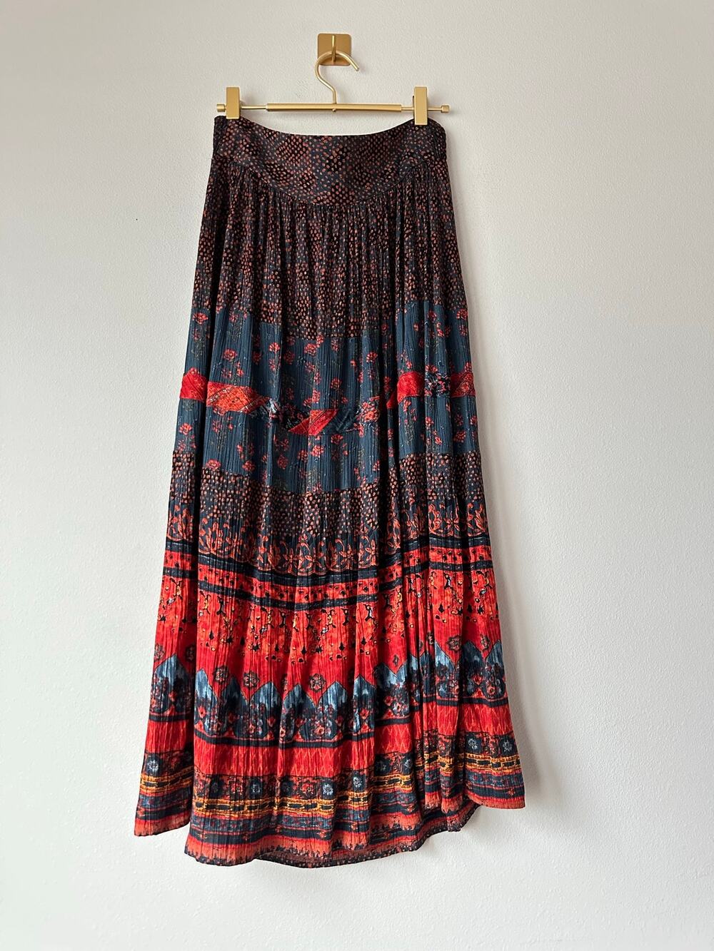 Vintage 90s Carole Little Boho Crinkle Rayon Print Maxi Skirt Festival Medium